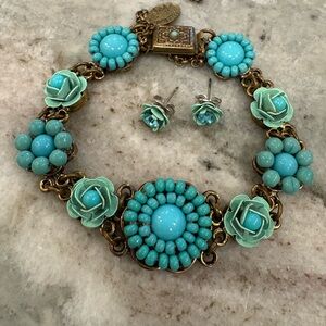 Vintage Michal Negrin Turquoise Floral Bracelet and Earring Set